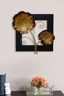 eCraftIndia Golden Iron Leaves with Wooden Frame Handcrafted Wall Hanging