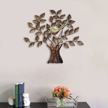 eCraftIndia Bird Sitting on Colorful Leaves Tree Handcrafted Iron Wall Hanging 1