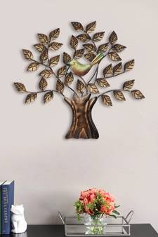 eCraftIndia Bird Sitting on Colorful Leaves Tree Handcrafted Iron Wall Hanging