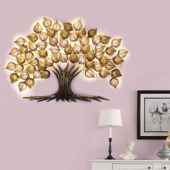 eCraftIndia Golden Beautiful Leaves Tree Handcrafted Iron Wall Hanging with background LED's 1