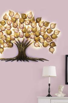 eCraftIndia Golden Beautiful Leaves Tree Handcrafted Iron Wall Hanging with background LED's