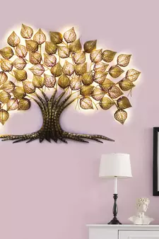 eCraftIndia Golden Beautiful Leaves Tree Handcrafted Iron Wall Hanging with background LED's