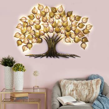 eCraftIndia Golden Beautiful Leaves Tree Handcrafted Iron Wall Hanging with background LED's 2