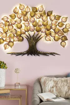 eCraftIndia Golden Beautiful Leaves Tree Handcrafted Iron Wall Hanging with background LED's