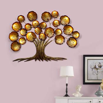 eCraftIndia Golden Beautiful Leaves Tree Handcrafted Iron Wall Hanging with background LED's 1