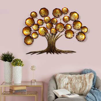 eCraftIndia Golden Beautiful Leaves Tree Handcrafted Iron Wall Hanging with background LED's 2