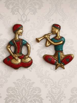 eCraftIndia Set of 2 Jugalbandi Musicians Brass Wall Hanging with Colorful Stone Work 1