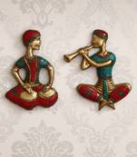 eCraftIndia Set of 2 Jugalbandi Musicians Brass Wall Hanging with Colorful Stone Work