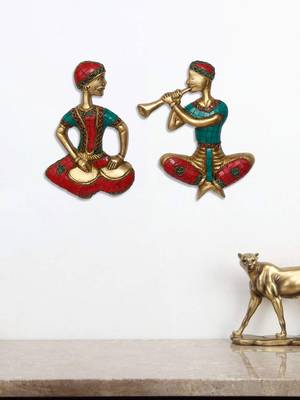 eCraftIndia Set of 2 Jugalbandi Musicians Brass Wall Hanging with Colorful Stone Work 2