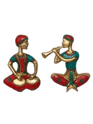 eCraftIndia Set of 2 Jugalbandi Musicians Brass Wall Hanging with Colorful Stone Work 3