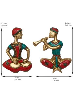 eCraftIndia Set of 2 Jugalbandi Musicians Brass Wall Hanging with Colorful Stone Work 5