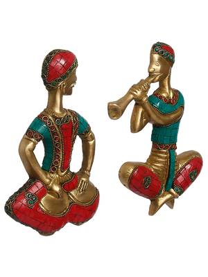 eCraftIndia Set of 2 Jugalbandi Musicians Brass Wall Hanging with Colorful Stone Work 6