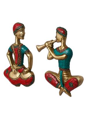 eCraftIndia Set of 2 Jugalbandi Musicians Brass Wall Hanging with Colorful Stone Work 7