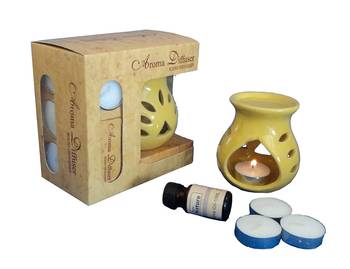 eCraftIndia Yellow Aroma Burner Set with Lemon Grass Aroma Oil and 4 Tea Light Candles 1