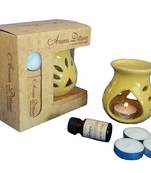 eCraftIndia Yellow Aroma Burner Set with Lemon Grass Aroma Oil and 4 Tea Light Candles