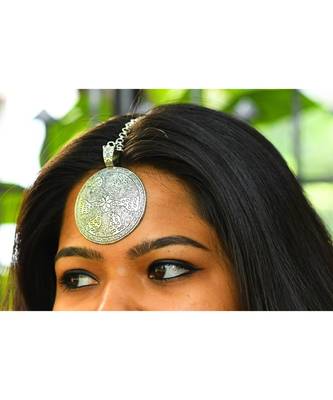 German Silver Coin Shaped Self Carved Banjara Style Maangteeka Maathapatti 1