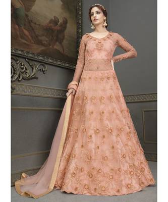 Peach Net semi stitched resham embroidery top & bottom with dupatta 1