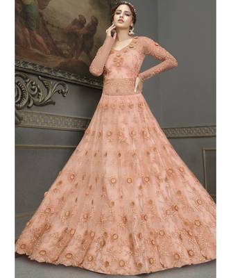 Peach Net semi stitched resham embroidery top & bottom with dupatta 2