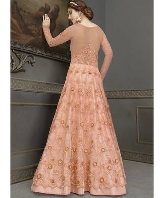 Peach Net semi stitched resham embroidery top & bottom with dupatta 3