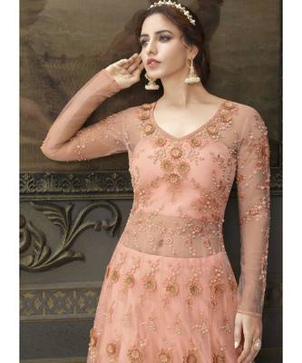 Peach Net semi stitched resham embroidery top & bottom with dupatta 4