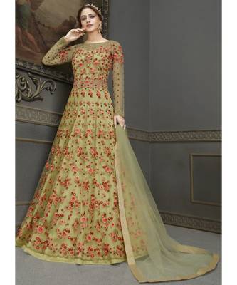 Sea-Green Net semi stitched resham embroidery top & bottom with dupatta 1