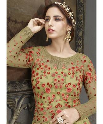 Sea-Green Net semi stitched resham embroidery top & bottom with dupatta 2