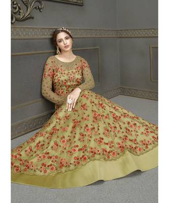 Sea-Green Net semi stitched resham embroidery top & bottom with dupatta 3