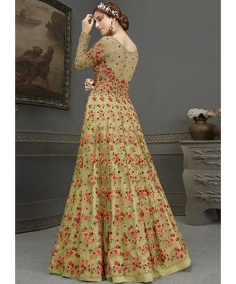 Sea-Green Net semi stitched resham embroidery top & bottom with dupatta 4