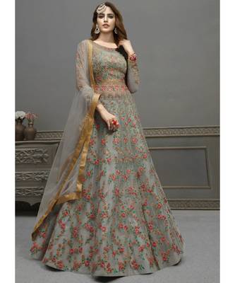 Aqua-Blue Net semi stitched resham embroidery top & bottom with dupatta 1