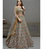 Aqua-Blue Net semi stitched resham embroidery top & bottom with dupatta