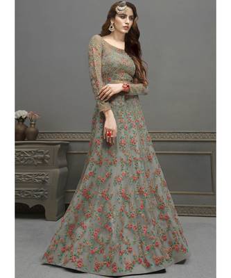 Aqua-Blue Net semi stitched resham embroidery top & bottom with dupatta 2