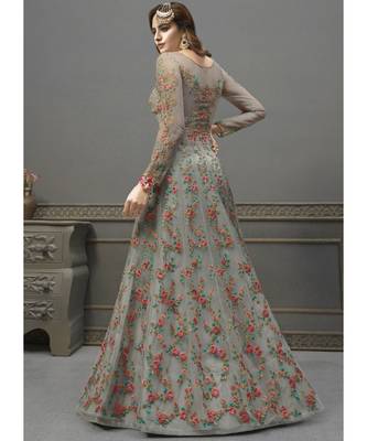 Aqua-Blue Net semi stitched resham embroidery top & bottom with dupatta 3