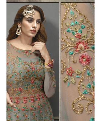 Aqua-Blue Net semi stitched resham embroidery top & bottom with dupatta 4