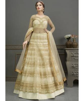 Cream Net semi stitched resham embroidery top & bottom with dupatta 1