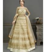 Cream Net semi stitched resham embroidery top & bottom with dupatta