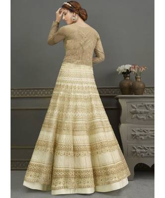 Cream Net semi stitched resham embroidery top & bottom with dupatta 2