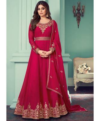 Rani-pink Georgette semi stitched resham embroidery top & bottom with dupatta 1