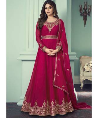 Rani-pink Georgette semi stitched resham embroidery top & bottom with dupatta 2