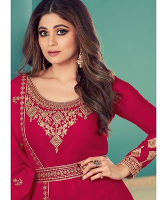 Rani-pink Georgette semi stitched resham embroidery top & bottom with dupatta 3