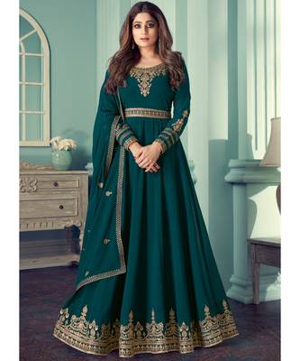 Teal Georgette semi stitched resham embroidery top & bottom with dupatta 1