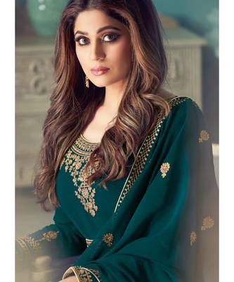 Teal Georgette semi stitched resham embroidery top & bottom with dupatta 2