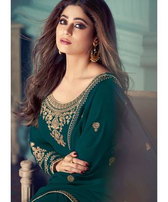 Teal Georgette semi stitched resham embroidery top & bottom with dupatta 3