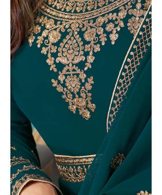 Teal Georgette semi stitched resham embroidery top & bottom with dupatta 4