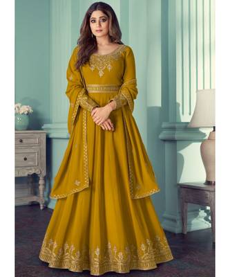 Mustard Georgette semi stitched resham embroidery top & bottom with dupatta 1