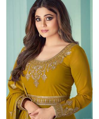 Mustard Georgette semi stitched resham embroidery top & bottom with dupatta 2