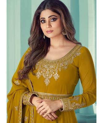 Mustard Georgette semi stitched resham embroidery top & bottom with dupatta 3