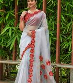 Off-White Organza Designer Saree with Red Rose Border