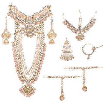Peach Kundan Bridal Jewellery Neckalce set with pearls 3