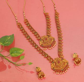 Multicolor South Indian 1 Long - 1 Short  Neckalce Jewellery set 1