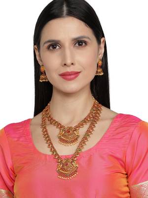 Multicolor South Indian 1 Long - 1 Short  Neckalce Jewellery set 2